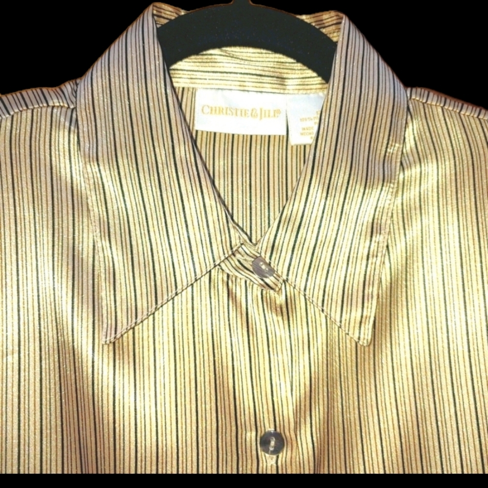 Christie & Jill Silky Satiny Gold Striped Blouse Long Sleeves Full Button Front
